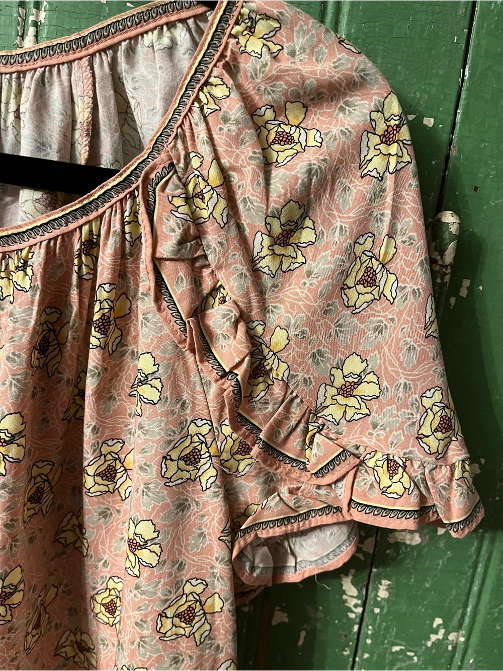 Max Studio Top Floral Pink Ruffle Sleeve Yellow Bloom Print Blouse M/L